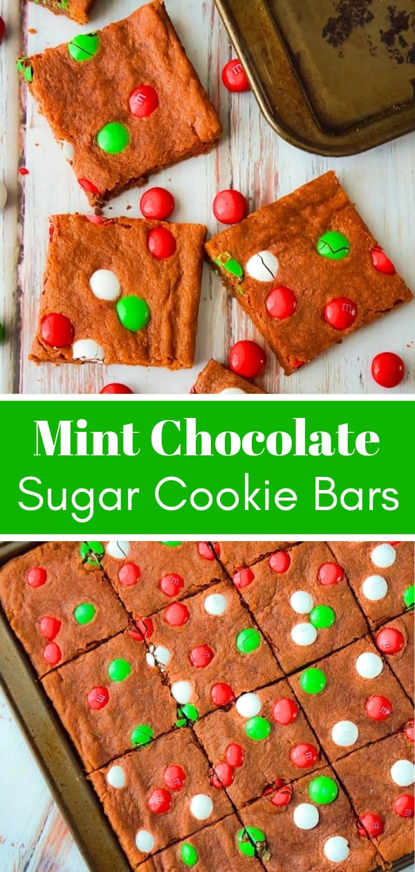Mint Chocolate Sugar Cookie Bars are an easy Christmas cookie recipe using instant chocolate pudding mix. These chocolate sugar cookies are loaded with mint flavoured Christmas M&Ms.