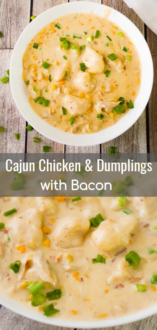 Cajun Chicken and Dumplings with Bacon are an easy chicken dinner recipe using Pillsbury refrigerated biscuits. This thick and creamy dish is loaded with rotisserie chicken, corn, real bacon bits and seasoned with Clubhouse Cajun spice for a bit of a kick.