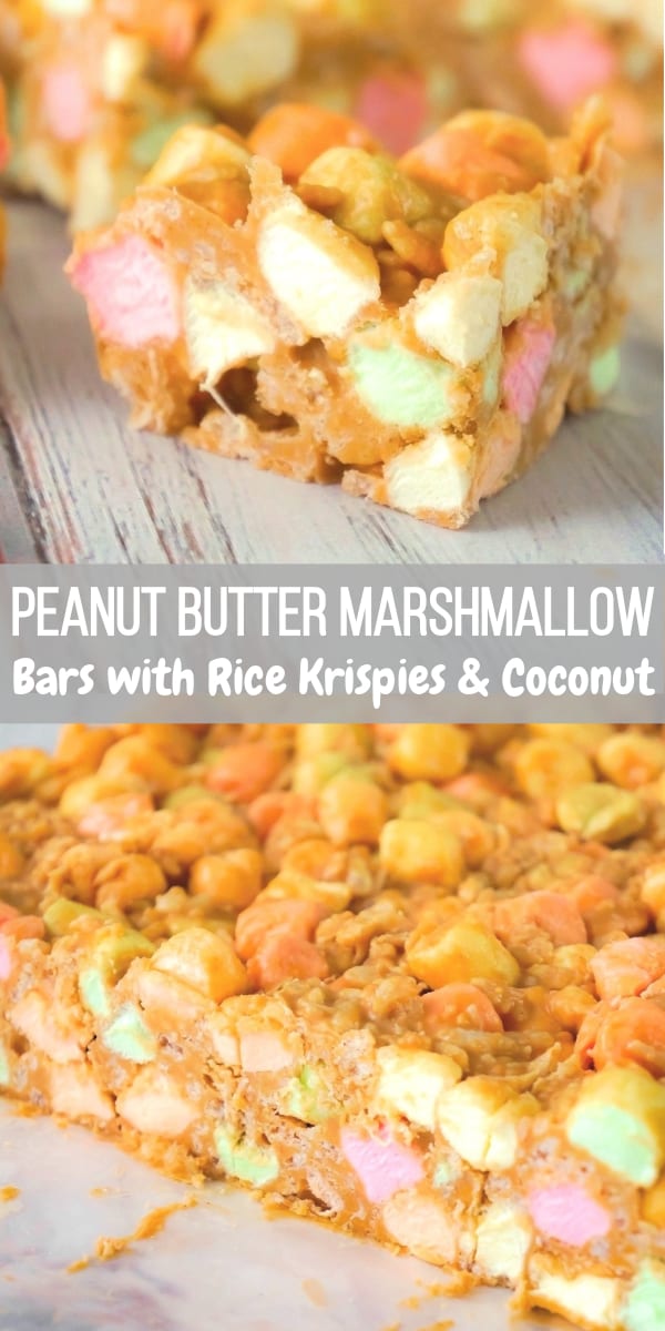 Peanut Butter Marshmallow Bars are an easy dessert recipe perfect for your holiday treat tray. These peanut butter and butterscotch confetti squares are loaded with colourful mini marshmallows, Rice Krispies and shredded coconut.