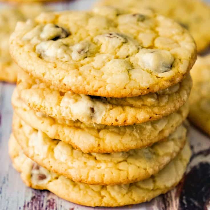 Cake Mix Chocolate Chip Cookies are a quick and easy cookie recipe. These tasty cookies are made with yellow cake mix and loaded with milk chocolate chips.