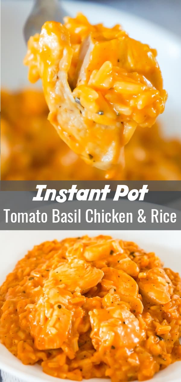 Instant Pot Tomato Basil Chicken and Rice is an easy and delicious pressure cooker recipe. This creamy chicken and rice dish is made with tomato soup and basil pesto.