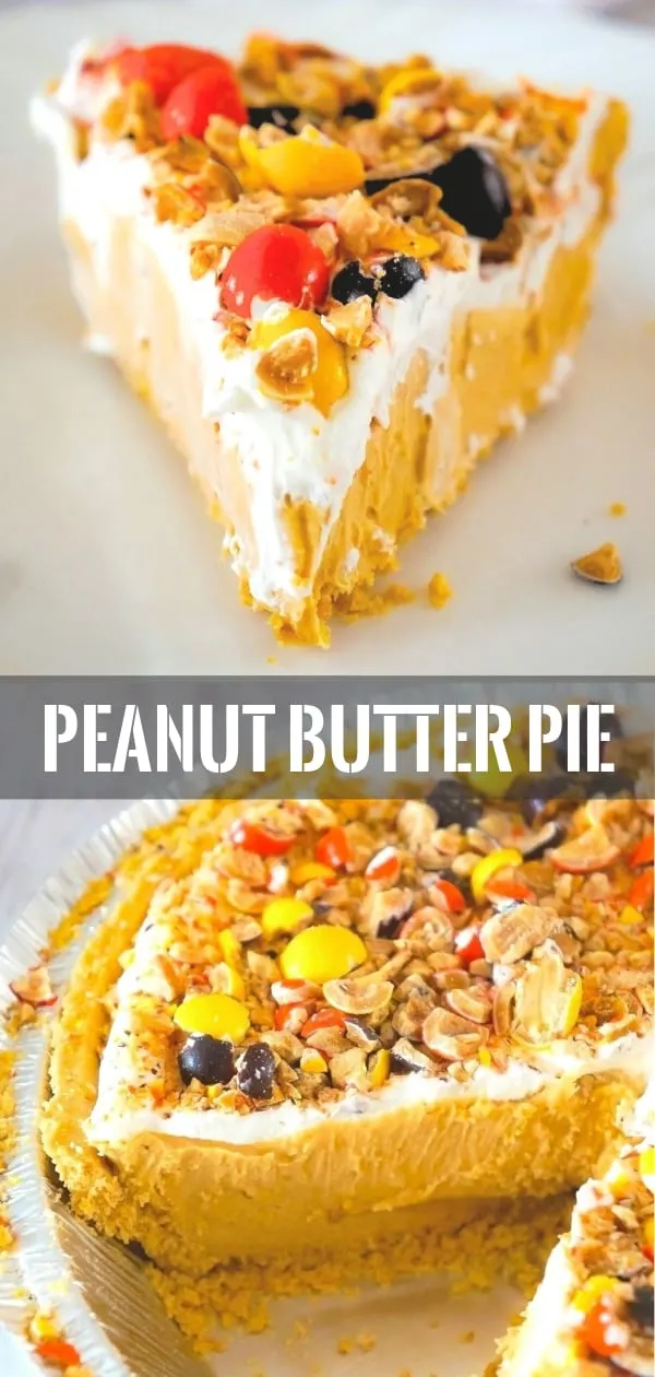 Peanut Butter Pie is an easy no bake dessert for peanut butter lovers. This no bake pie has a rich and creamy peanut butter filling, in a store bought graham crust and is topped with Cool Whip and Reese's Pieces Peanut candies.