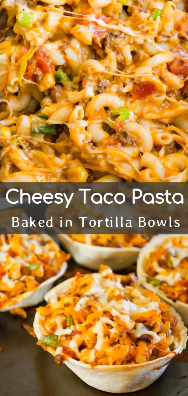 Taco Pasta is an easy ground beef dinner recipe that is fun and kid friendly. This cheesy macaroni tossed in salsa and taco sauce is baked in Old El Paso Tortilla Bowls.