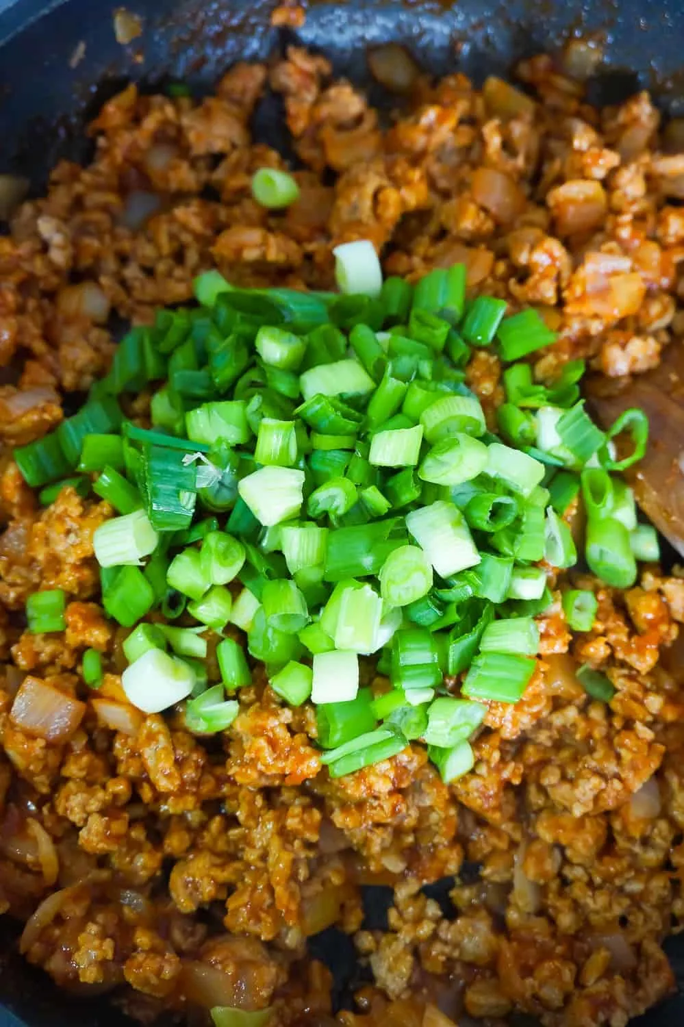 chopped green onions on top of ground turkey and sloppy joe sauce mixture