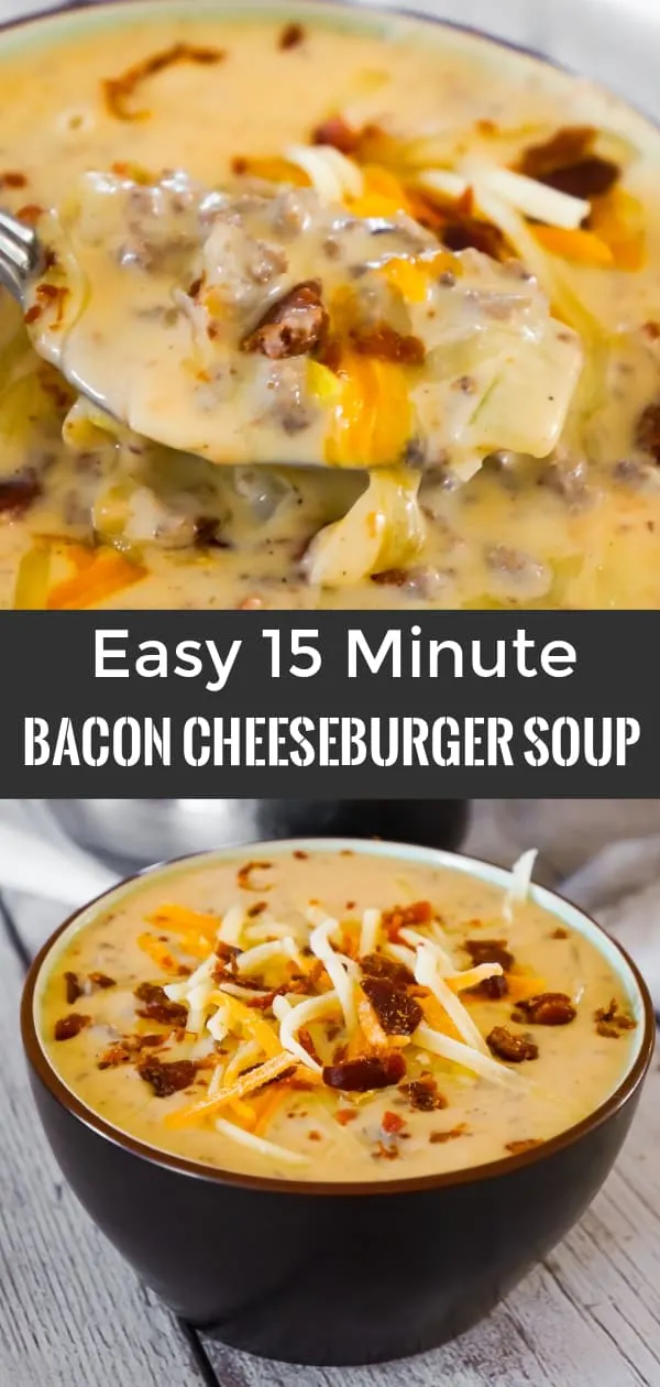 Bacon Cheeseburger Soup is a hearty soup recipe that can be whipped up in just fifteen minutes. This tasty dish made with Campbell's Cream of Bacon soup and Campbell's Cheddar Cheese soup, is loaded with ground beef, real bacon bits and cheddar cheese.