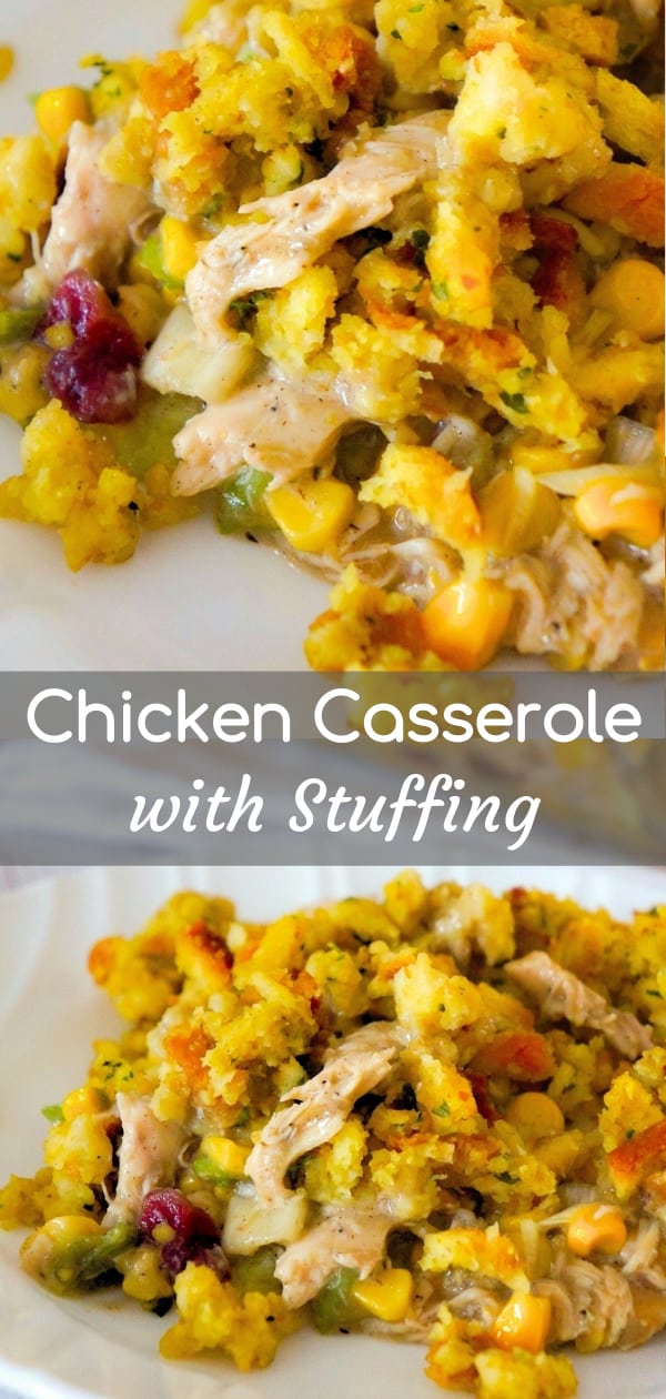 Chicken Casserole with Stuffing is an easy chicken dinner recipe perfect for weeknights. This hearty chicken casserole is loaded with shredded rotisserie chicken, corn, green onions and cranberry sauce and topped with stove top stuffing.