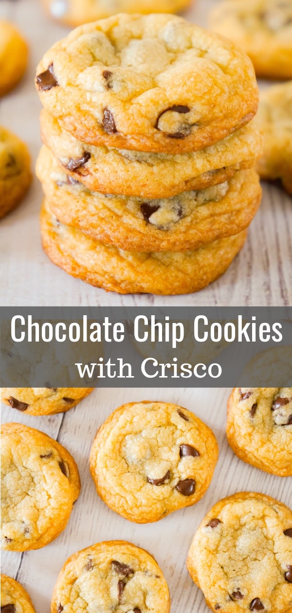 Chocolate Chip Cookies with Crisco are an easy and addictive cookie recipe using Golden Crisco instead of butter. These chewy chocolate chip cookies are loaded with semi sweet chocolate chips.