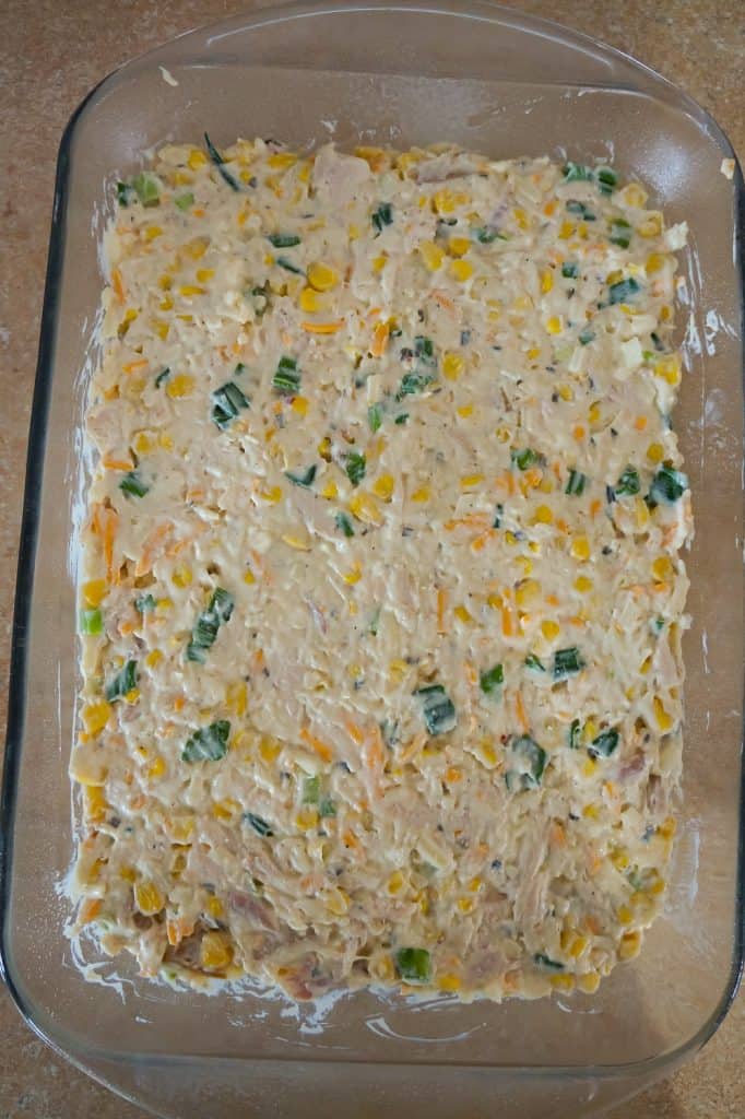 creamy chicken mixture in a 9 x 13 inch baking dish