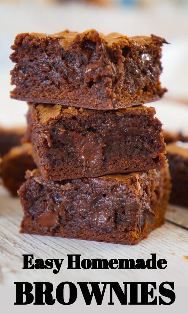 Homemade Brownies from Scratch are a decadent and chewy chocolate dessert. These delicious brownies are loaded with semi sweet and dark chocolate chips.