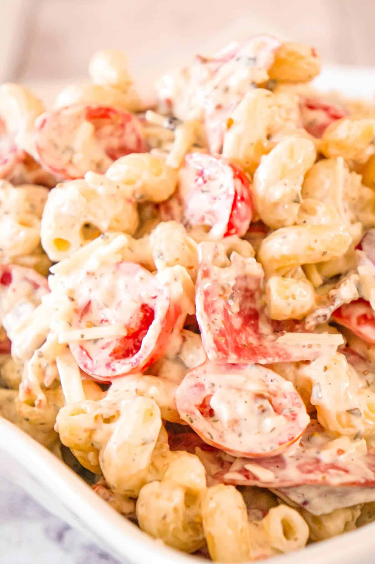 Italian Pasta Salad is a cold side dish recipe loaded with salami, chopped tomatoes, red onions, crumbled bacon, Parmesan cheese and mozzarella cheese all tossed in a creamy basil pesto dressing.