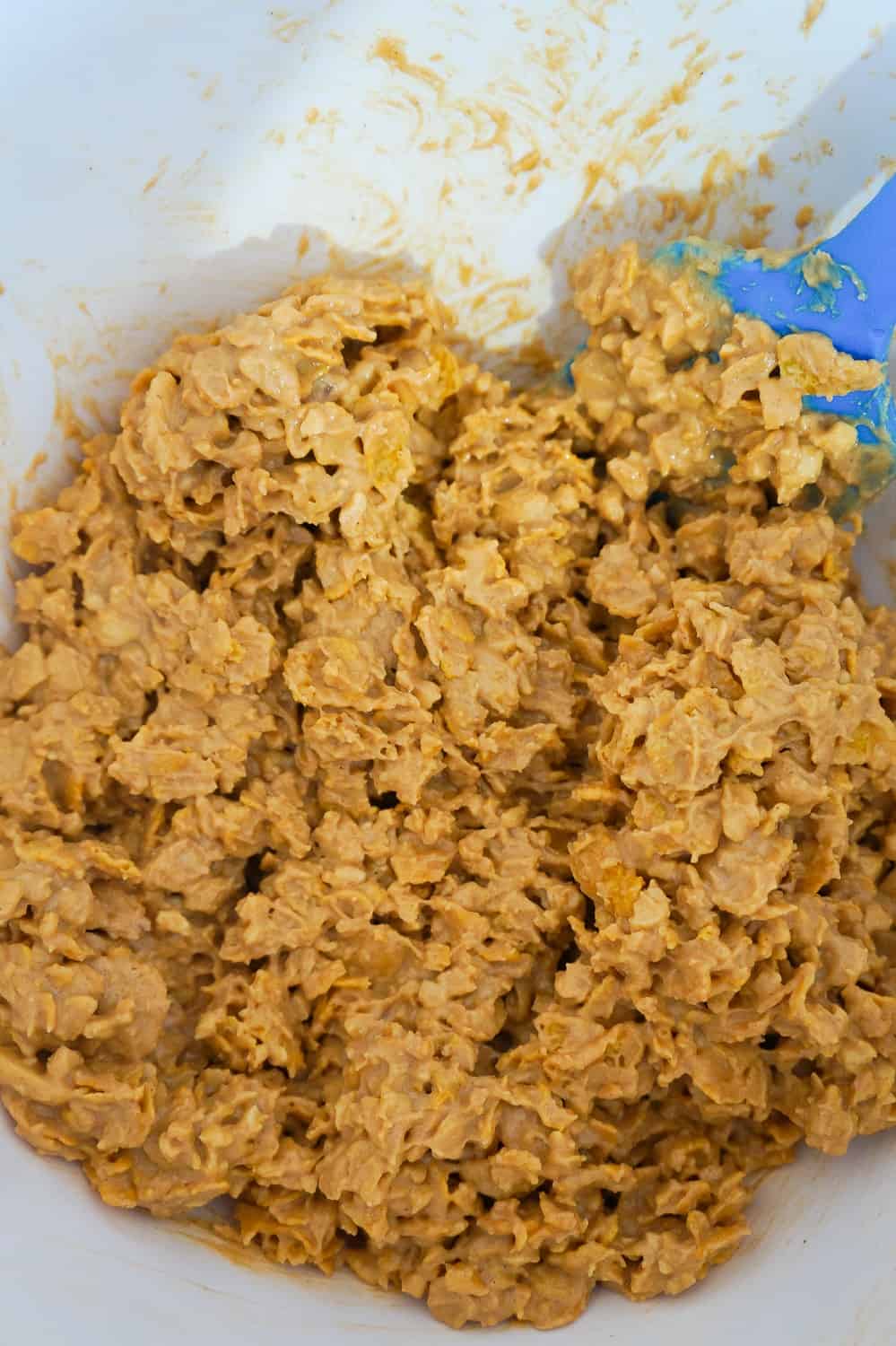 no bake peanut butter cookie mixture in a mixing bowl