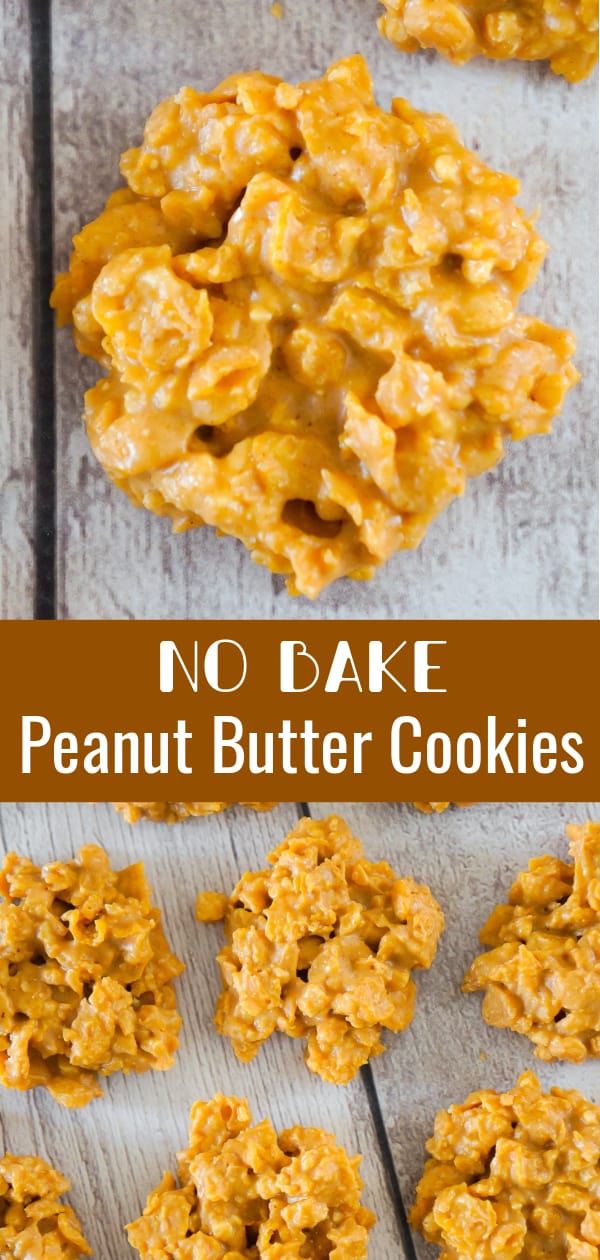 No Bake Peanut Butter Cookies are a quick and easy dessert recipe perfect for when you don't feel like turning on the oven. These no bake cookies are loaded with cornflakes, salted peanuts and Reese's Peanut Butter Chips.