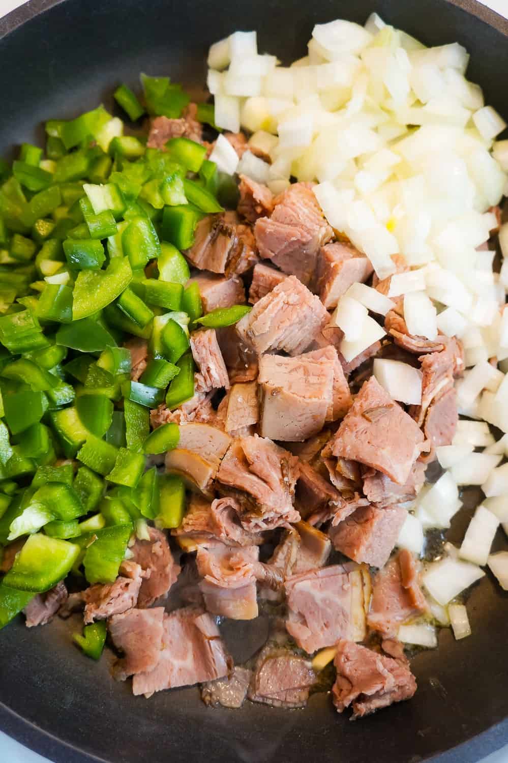 diced roast beef, diced green pepper and diced onions
