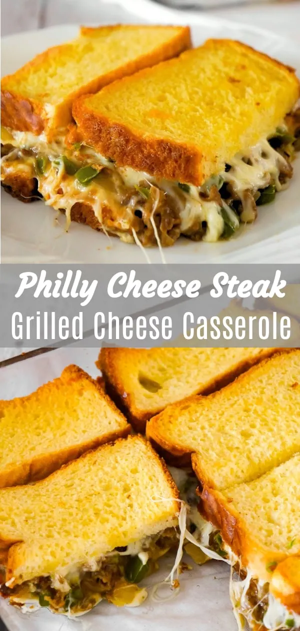 Philly Cheese Steak Grilled Cheese Casserole is a fun twist on a classic sandwich. This simple and delicious casserole is loaded with roast beef, green peppers, onions and oozing with mozzarella cheese.