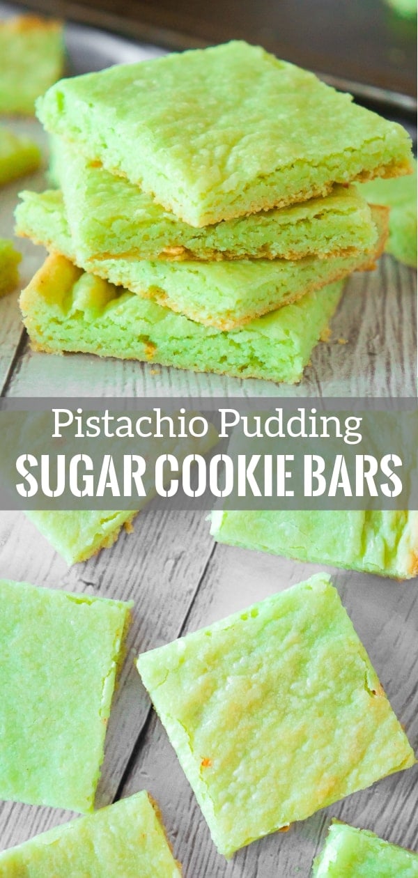 Pistachio Pudding Sugar Cookie Bars are soft, chewy and delicious. This super easy cookie bar recipe uses pistachio instant pudding mix and Betty Crocker sugar cookie mix.