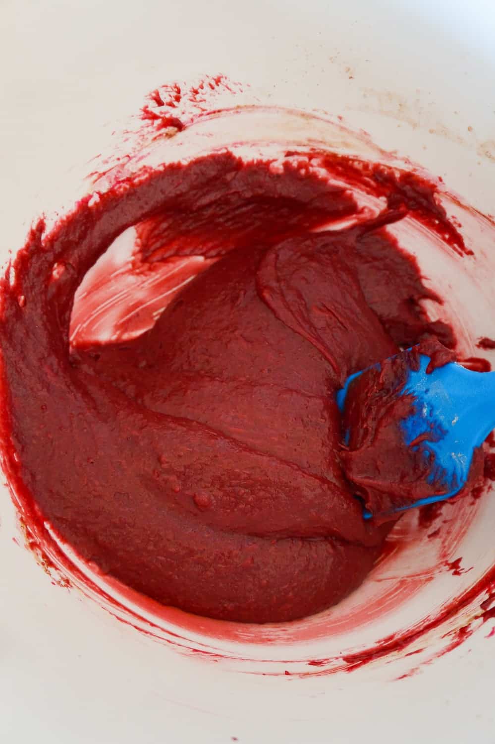 red velvet brownie batter in a mixing bowl