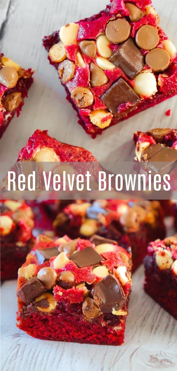 Red Velvet Brownies are delicious and chewy homemade brownies loaded with white chocolate chips, dark chocolate chunks and milk chocolate chips. These decadent red velvet treats are the perfect Valentine's Day dessert.