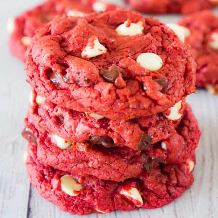 Red Velvet Cake Mix Cookies are an easy dessert recipe perfect for Valentine's day. These chewy red velvet cookies are loaded with semi-sweet and white chocolate chips.