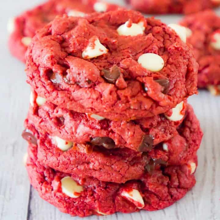 Red Velvet Cake Mix Cookies are an easy dessert recipe perfect for Valentine's day. These chewy red velvet cookies are loaded with semi-sweet and white chocolate chips.