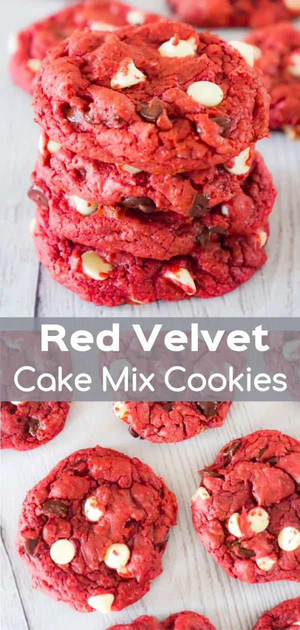 Red Velvet Cake Mix Cookies are an easy dessert recipe perfect for Valentine's day. These chewy red velvet cookies are loaded with semi-sweet and white chocolate chips.