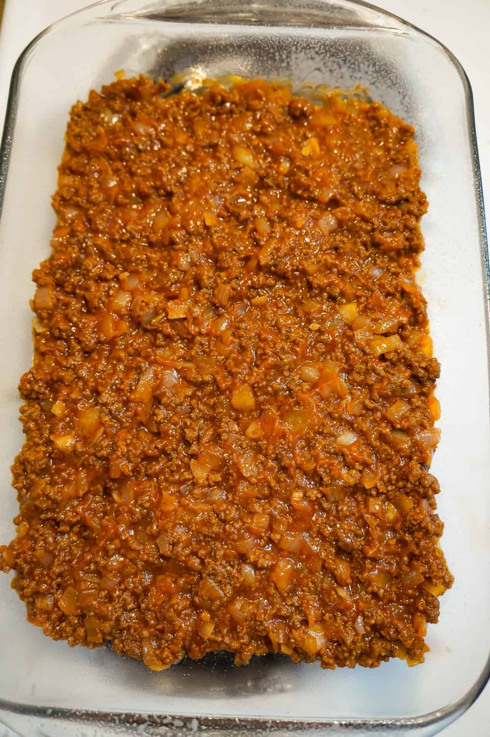 sloppy joe meat mixture in a 9 x 13 inch baking dish