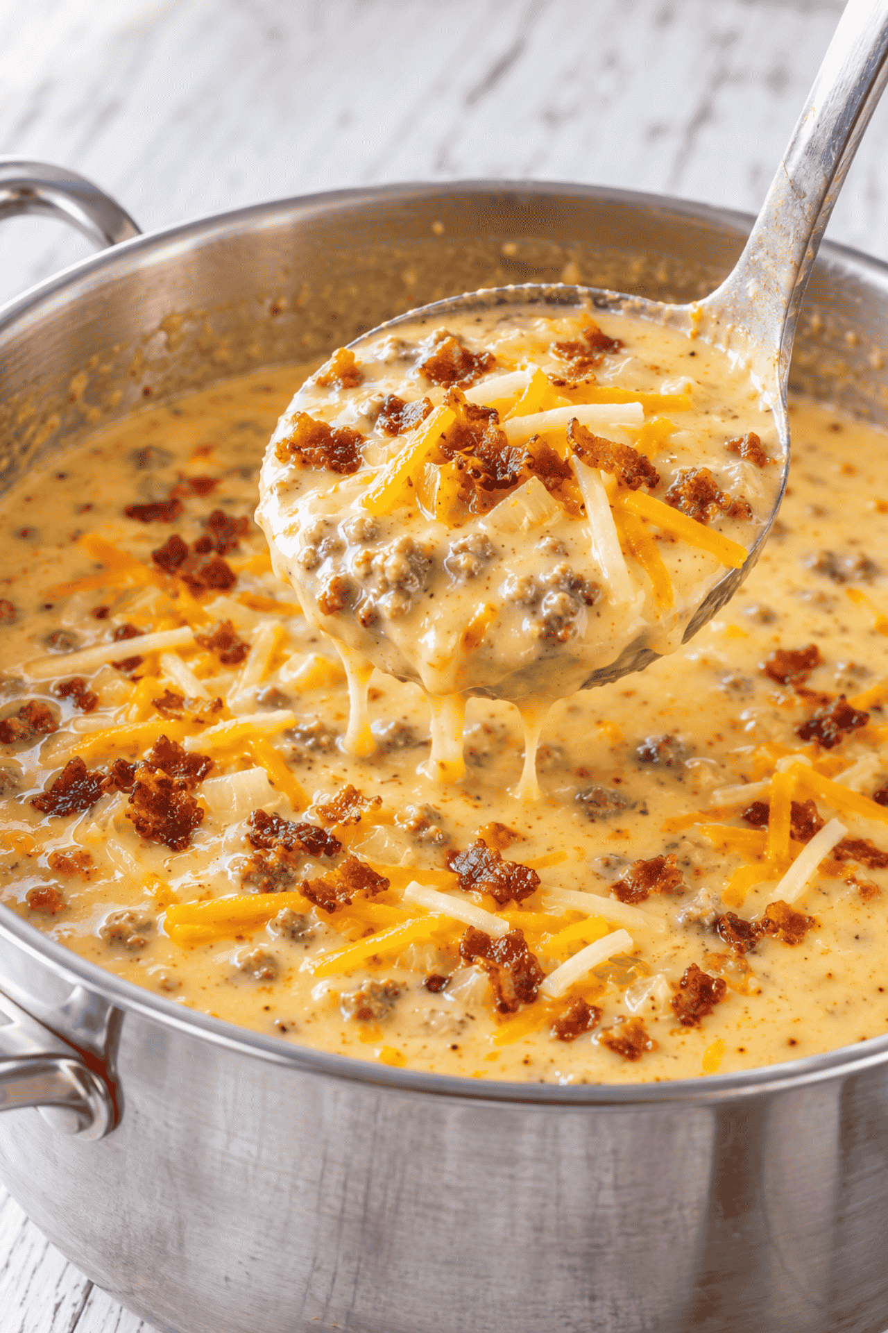 bacon cheeseburger soup in a large pot