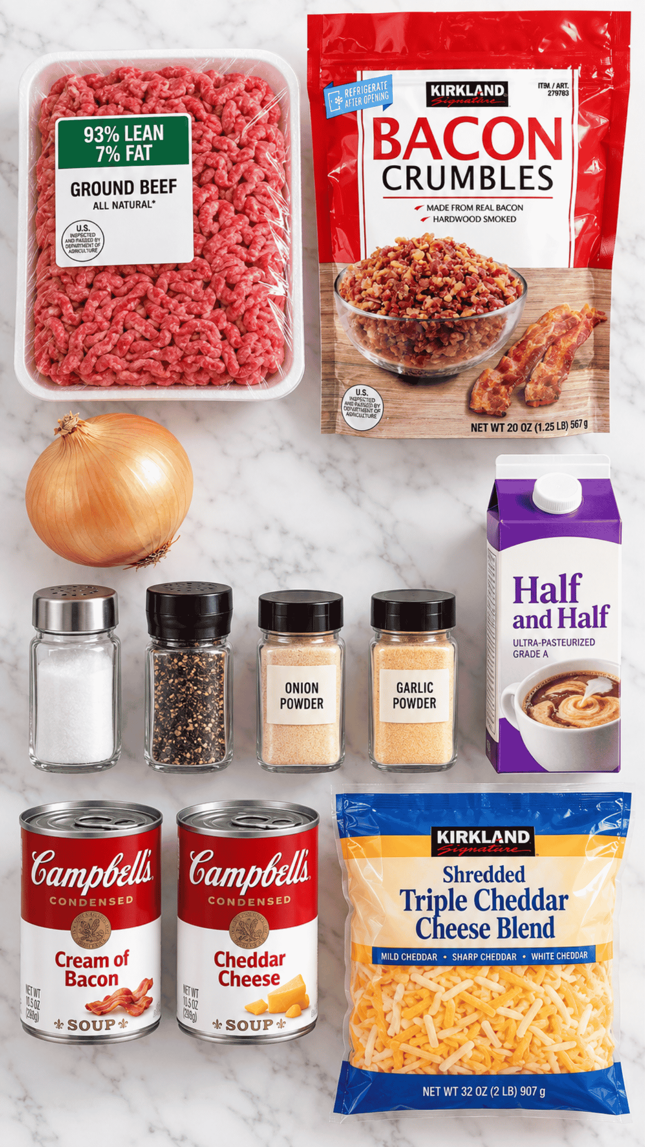 bacon cheeseburger soup ingredients on the kitchen counter