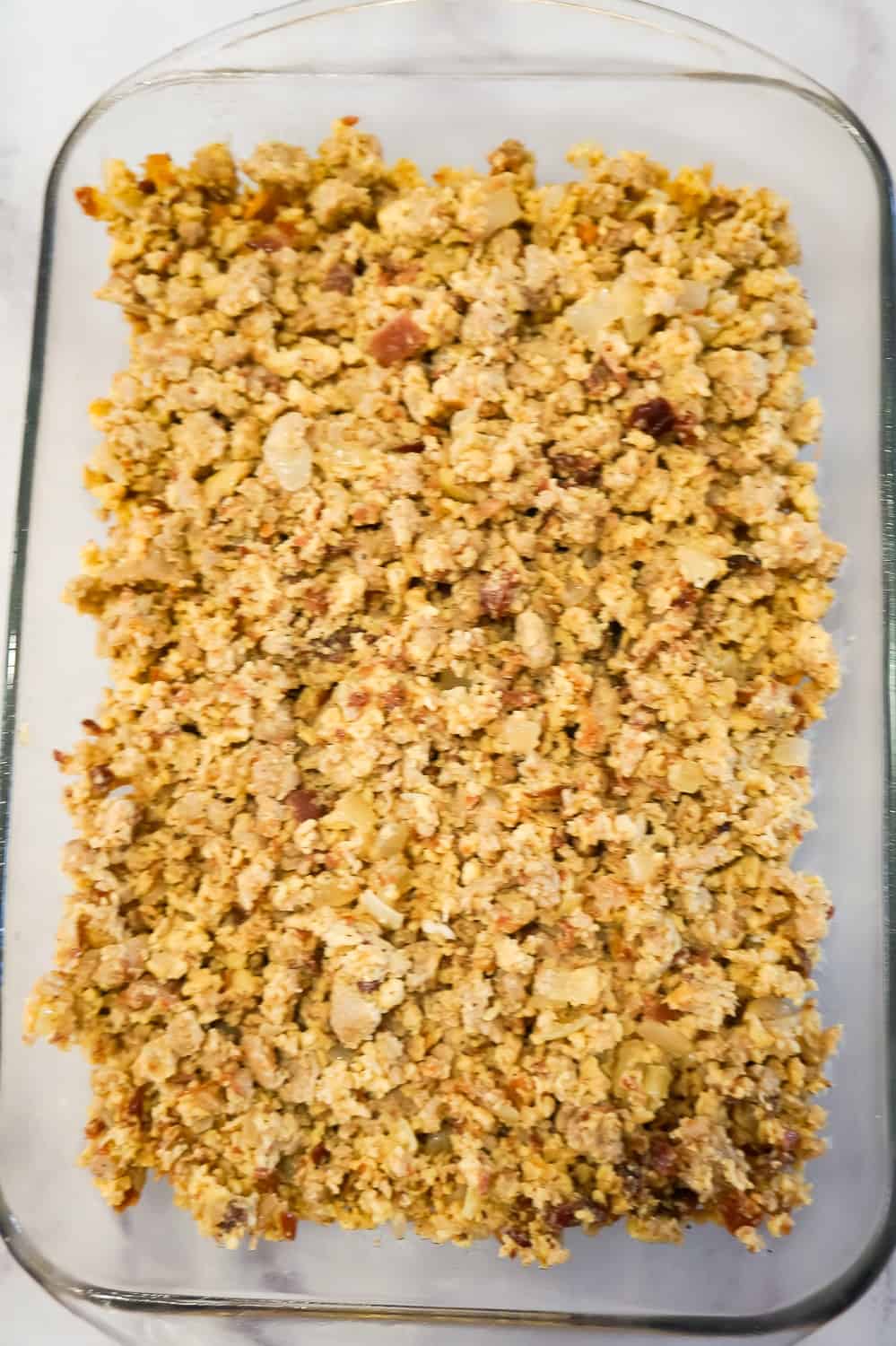 egg and sausage mixture in a baking pan