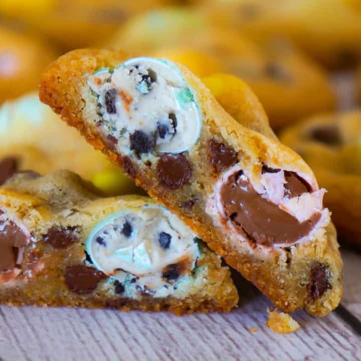 Easter Cookies are delicious chocolate chip cookies loaded with milk chocolate and cookies and cream Hershey's Eggies. These chewy chocolate chip cookies with mini eggs are made with butter flavoured Crisco.