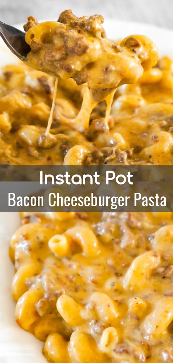 Instant Pot Bacon Cheeseburger Pasta is an easy ground beef dinner recipe packed with flavour. This cheesy pasta is super creamy and loaded with ground beef and real bacon bits.