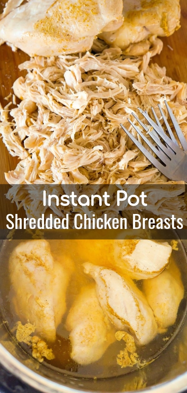 Instant Pot Shredded Chicken Breasts are perfect for using in casseroles, sandwiches, pasta dishes and more. This easy recipe produces about 6 cups of tender and delicious shredded chicken that can be used in any recipe calling for cooked and shredded chicken. Instant Pot shredded chicken can be cooked in advanced and used in multiple dinner recipes throughout the week instead of using store bought rotisserie chicken.