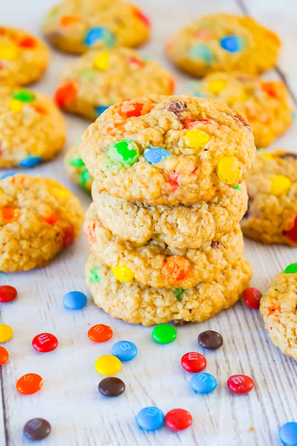 Monster Cookies are an easy no flour cookie recipe perfect for peanut butter lovers. These chewy peanut butter oatmeal cookies are loaded with M&M's.