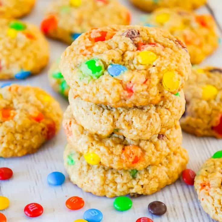 Monster Cookies are an easy no flour cookie recipe perfect for peanut butter lovers. These chewy peanut butter oatmeal cookies are loaded with M&M's.