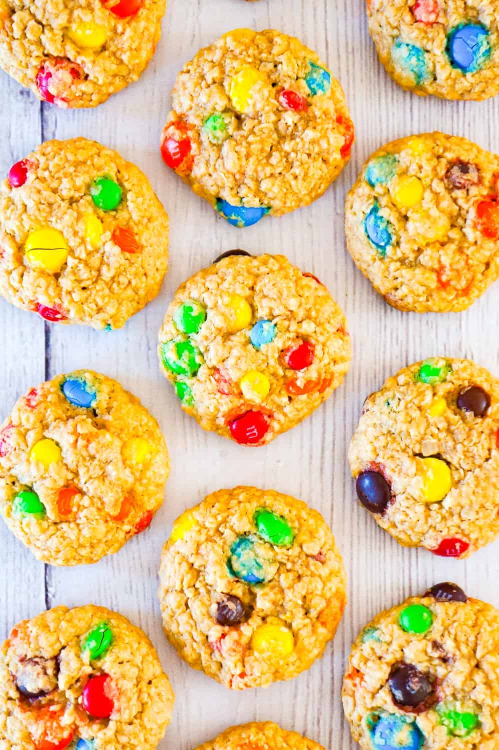 Monster Cookies are an easy no flour cookie recipe perfect for peanut butter lovers. These chewy peanut butter oatmeal cookies are loaded with M&M's.