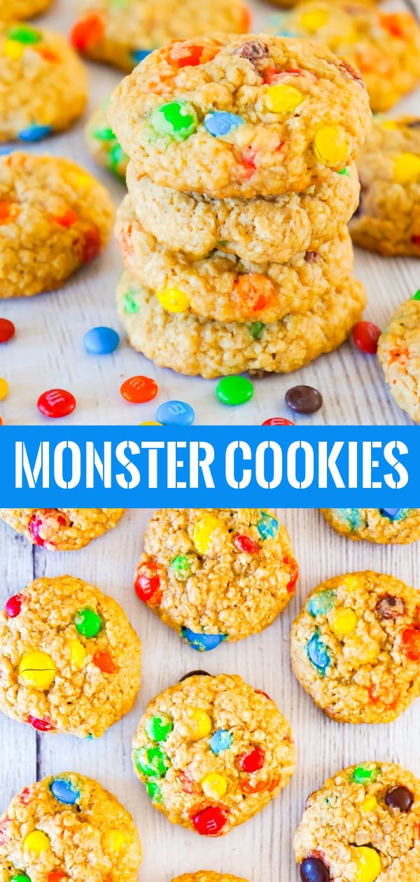 Monster Cookies are an easy no flour cookie recipe perfect for peanut butter lovers. These chewy peanut butter oatmeal cookies are loaded with M&M's.