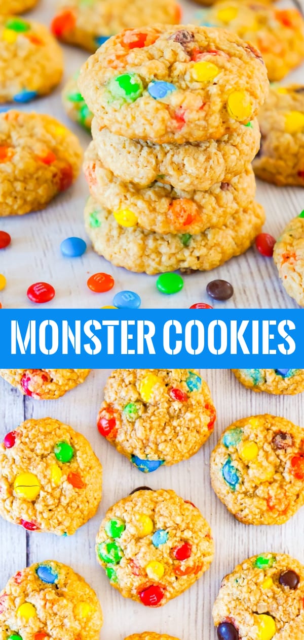 Monster Cookies are an easy no flour cookie recipe perfect for peanut butter lovers. These chewy peanut butter oatmeal cookies are loaded with M&M's.