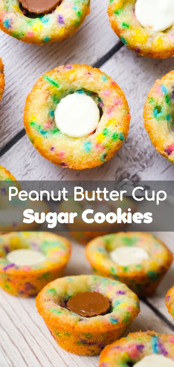 Peanut Butter Cup Sugar Cookies are a cute and colourful dessert perfect for spring. These sugar cookie cups are made in mini muffin tins and contain mini Reese's peanut butter cups and white chocolate peanut butter cups.