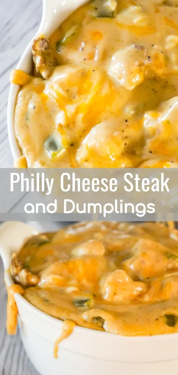 Philly Cheese Steak and Dumplings is an easy dinner recipe that is a fun twist on the classic chicken and dumplings. This thick and creamy dish is loaded with steak strips, green peppers, onions and cheese with Pillsbury biscuit dumplings.