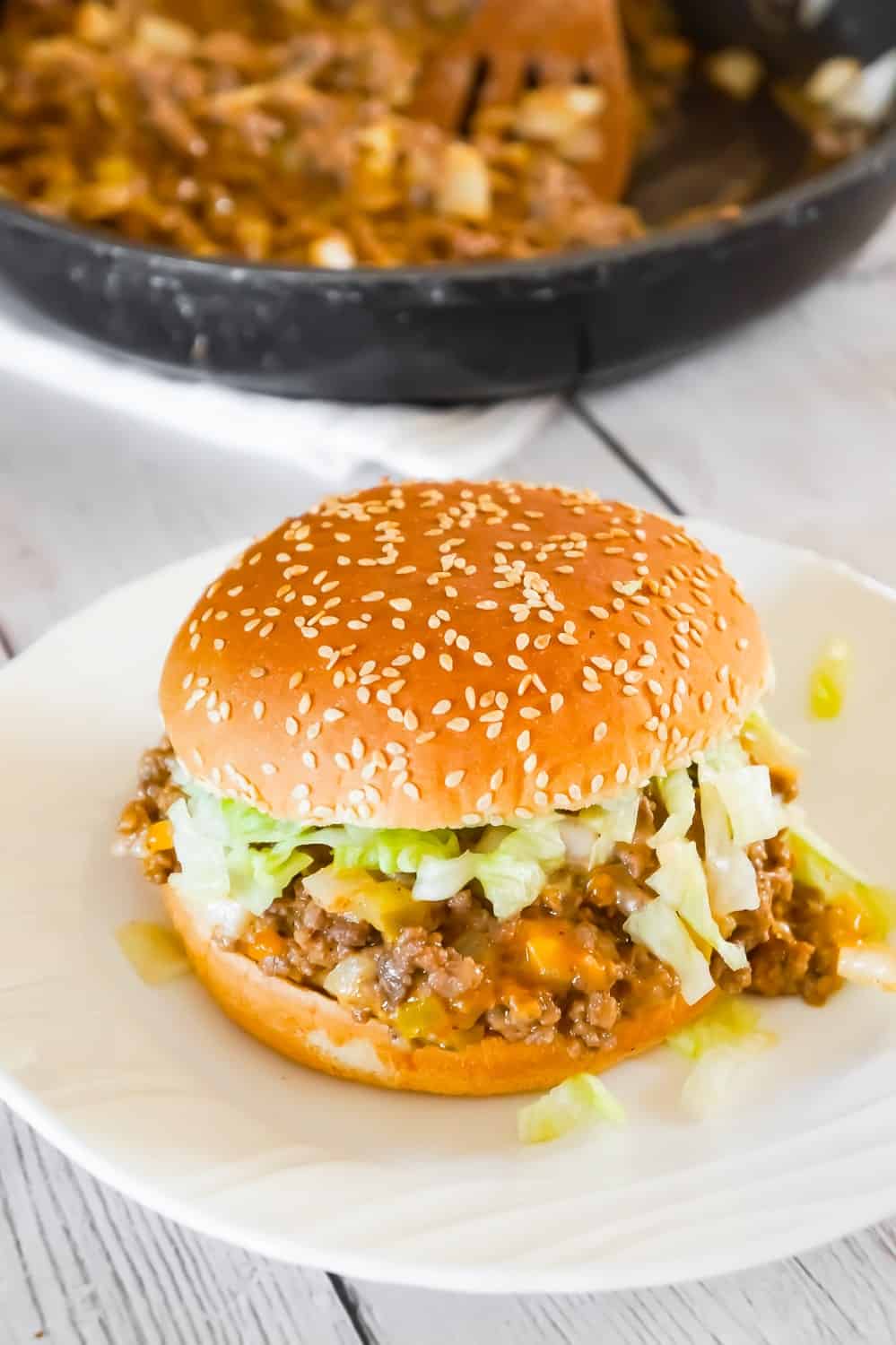 Big Mac Sloppy Joes are an easy ground beef dinner recipe perfect for weeknights. These sloppy joes are loaded with onions, pickles and cheddar cheese all tossed in a copycat Big Mac Sauce.