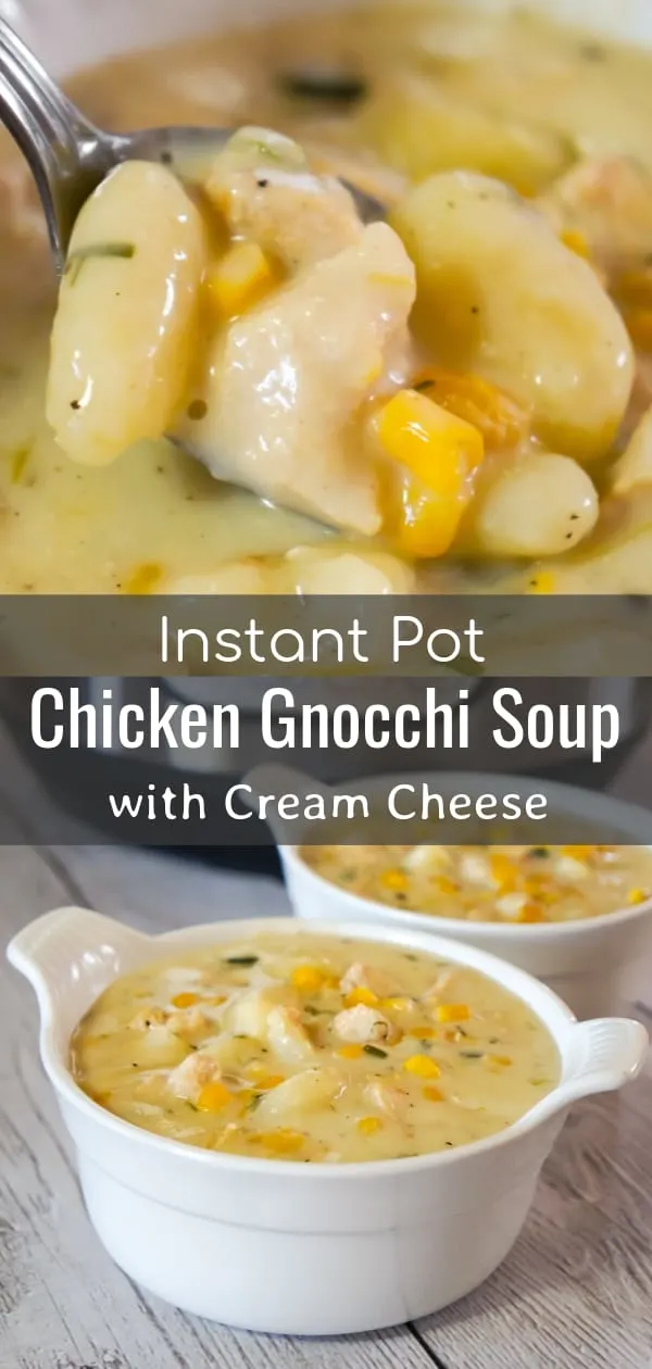 Instant Pot Chicken Gnocchi Soup with Cream Cheese is a hearty soup recipe perfect for weeknight dinners. This creamy soup is loaded with potato gnocchi, chunks of chicken breast, corn and Philadelphia Whipped Chive cream cheese.