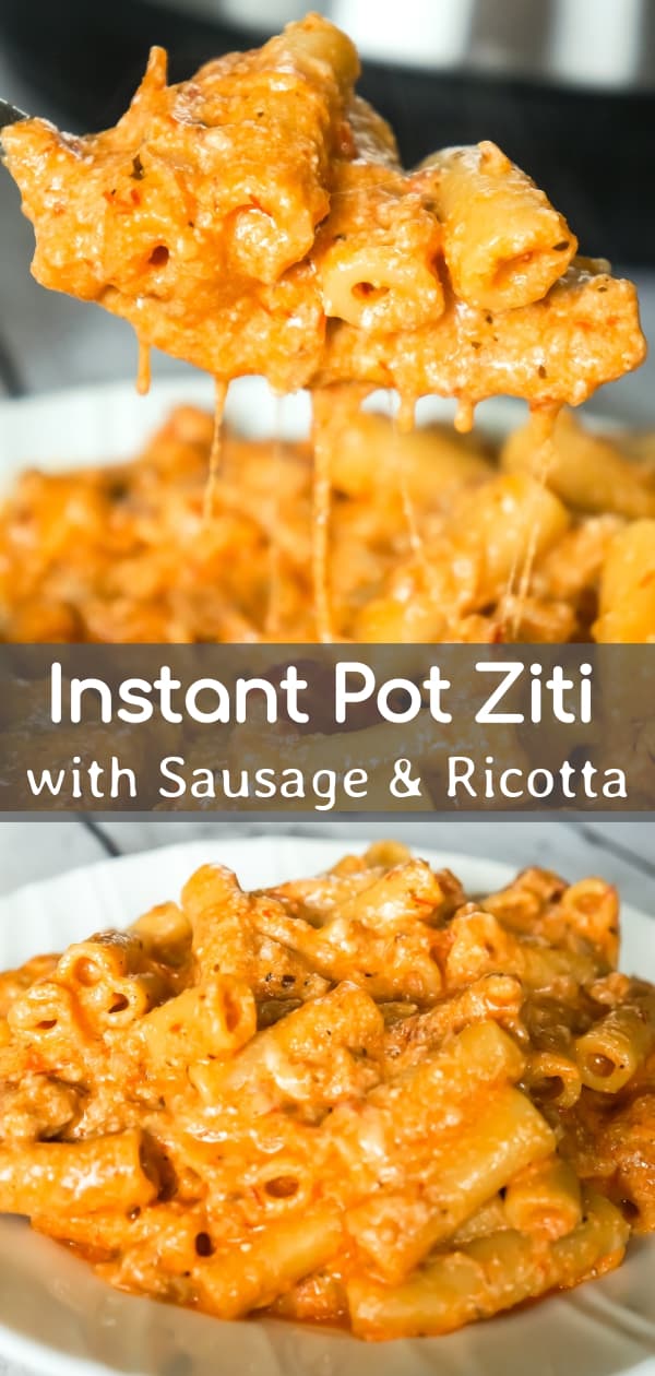 Instant Pot Ziti with Sausage and Ricotta is an easy Instant Pot pasta recipe. This delicious pasta is tossed in a combination of marinara and ricotta and loaded with ground sausage meat and mozzarella cheese.