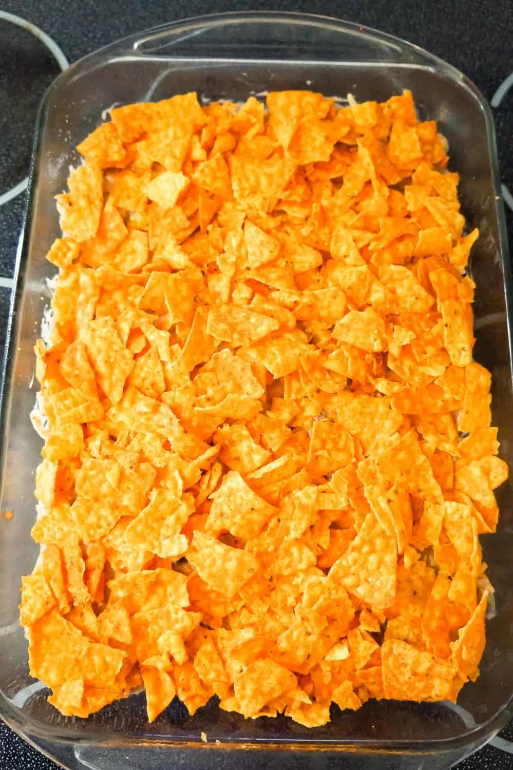 crumbled Doritos on top of ground beef casserole