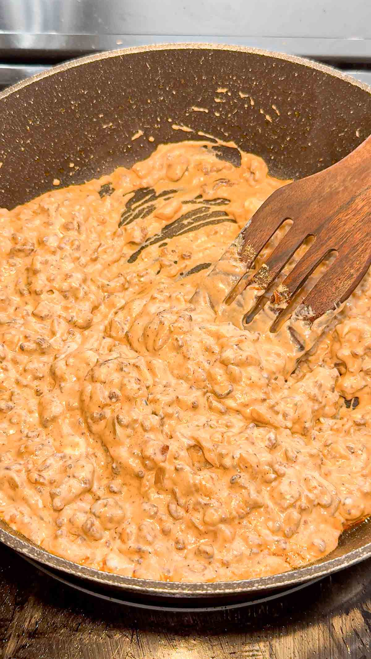 creamy ground beef mixture in a skillet