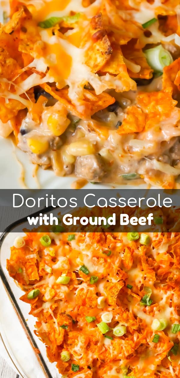 Doritos Casserole with Ground Beef is an easy dinner recipe the whole family will love. This hearty casserole is loaded with ground beef, cream cheese, corn, black beans, shredded cheese and topped with crumbled Doritos.