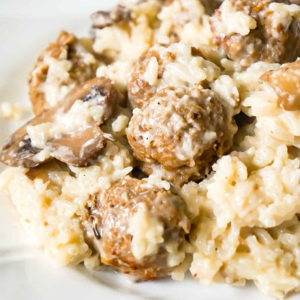 Instant Pot Creamy Mushroom Meatballs and Rice is an easy dinner recipe perfect for weeknights. This hearty dish is loaded with meatballs, long grain white rice and sliced mushrooms.