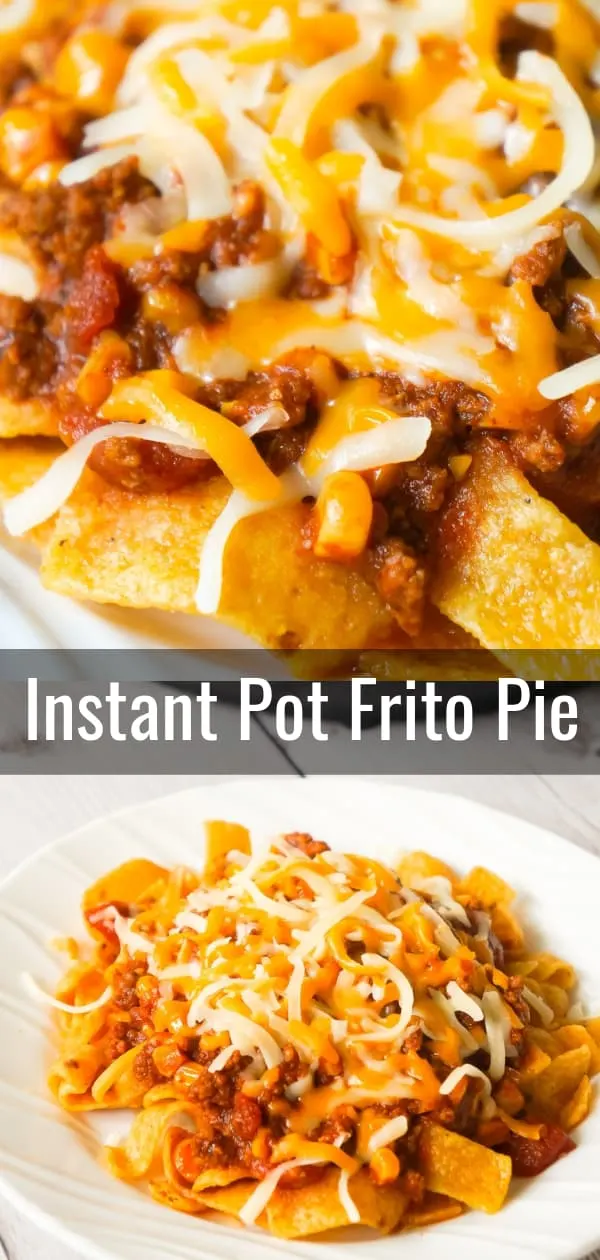 Instant Pot Frito Pie is an easy ground beef dinner recipe the whole family will love. A delicious ground beef and corn chili mixture is cooked in the Instant Pot and then poured over Frito's corn chips and topped with shredded cheese.