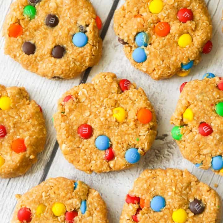 No Bake Monster Cookies are an easy peanut butter dessert recipe perfect for when you don't feel like turning on the oven. These no bake oatmeal peanut cookies are loaded with mini M&M's.