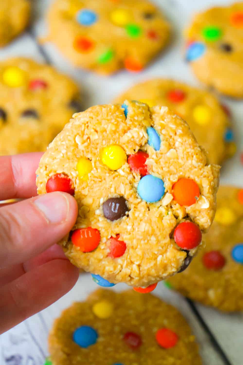 No Bake Monster Cookies are an easy peanut butter dessert recipe perfect for when you don't feel like turning on the oven. These no bake oatmeal peanut cookies are loaded with mini M&M's.