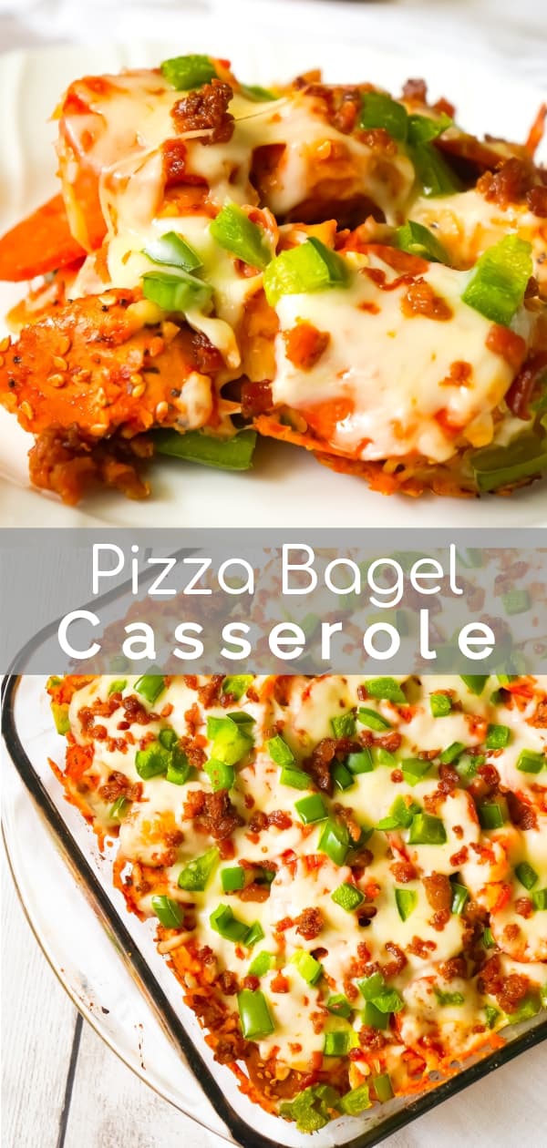 Pizza Bagel Casserole is an easy dinner recipe the whole family will love.This everything bagel casserole is loaded with pepperoni, pizza sauce, green peppers, bacon and cheese.