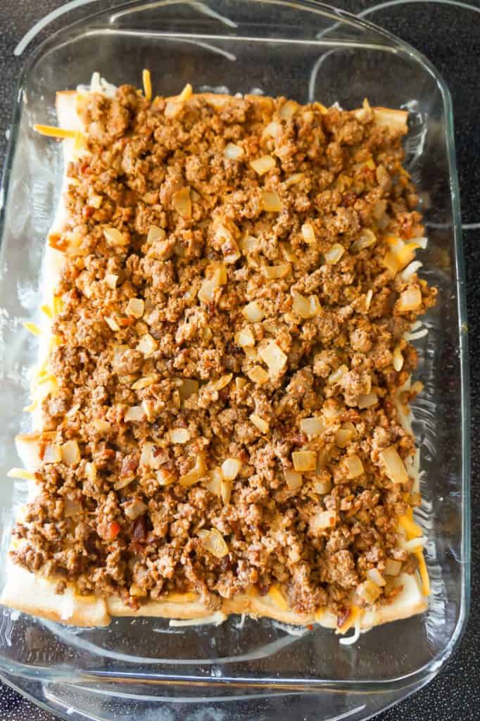 ground beef mixture in a baking dish